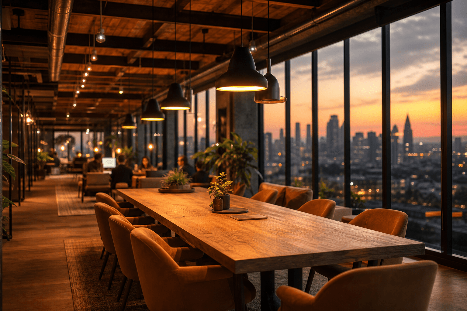 Modern flexible workspace with city views at golden hour